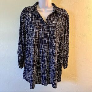NY Collection Navy and White Patterned Collared Tunic Shirt